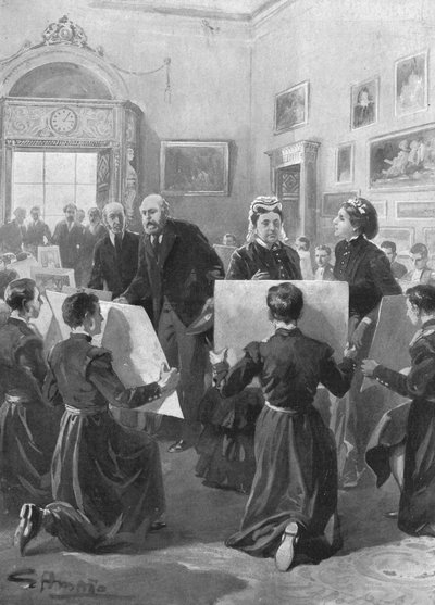 Bluecoat Boys pokazujący swoje rysunki królowej Wiktorii w Pałacu Buckingham, 1873, 1901. autorstwa Unbekannt