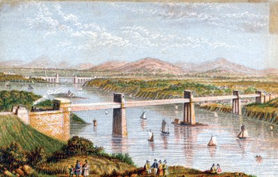 Britannia Tubular Bridge nad Menai Straits, Walia, ok. 1850 r. autorstwa Unbekannt