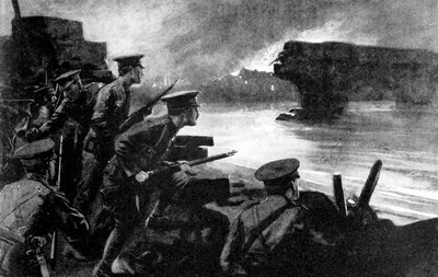 Wojska brytyjskie na brzegu rzeki przygotowane do natarcia Niemców, Belgia, I wojna światowa, 1914 autorstwa Unbekannt