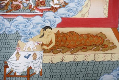 Matka Buddy marzy o białym słoniu. Thangka, Bhaktapur, Nepal autorstwa Unbekannt