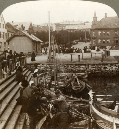 Kupowanie ryb w ruchliwym arktycznym porcie handlowym, Tromsoe 69° 38 N. Lat., Północna Norwegia, 1902. autorstwa Unbekannt