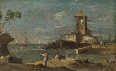 Capriccio z kwadratową wieżą i dwoma domami, XVIII w. autorstwa Unbekannt