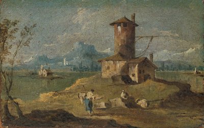 Capriccio z wyspą, wieżą i domami, XVIII w. autorstwa Unbekannt