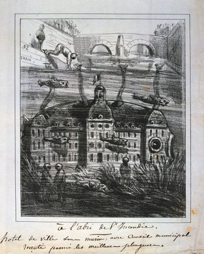 Rysunkowa propozycja odbudowy Hotelu de Ville pod wodą, aby zapobiec pożarowi, Komuna Paryska, 1871. autorstwa Unbekannt