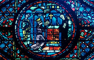 Karol Wielki przekazuje relikwie do kaplicy w Aix, witraż, katedra w Chartres, Francja, ok. 1225 r. autorstwa Unbekannt