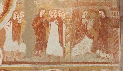 Kościół (Église Saint-Martin). Wnętrze. Malowidła ścienne (fresk). Zachodnia ściana nawy. Szczegół. Oskarżenie i zwiastowanie Dziewicy. XII wiek. autorstwa Unbekannt