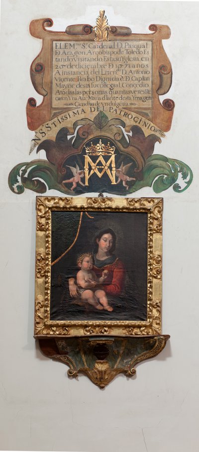 Kolegiata św. W środku. Obraz Madonna z dzieckiem, olej na płótnie. Malowidło ścienne z legendą (legenda o Matce Bożej Patrocinio). autorstwa Unbekannt