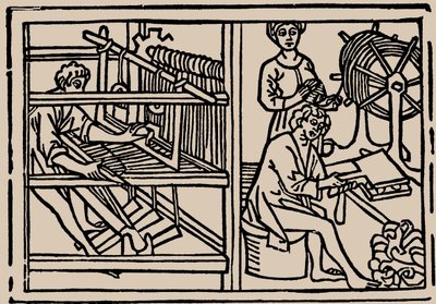 Czesanie, przędzenie i tkanie wełny. Z Speculum Vitae Humanae autorstwa Rodericus Zamorensis, 1479. autorstwa Unbekannt