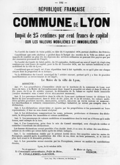 Commune de Lyon, z francuskich plakatów politycznych Komuny Paryskiej, maj 1871 autorstwa Unbekannt