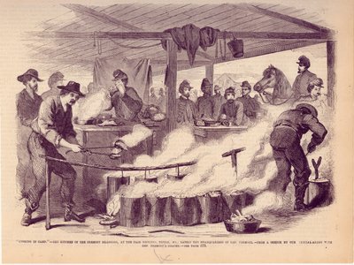 „Gotowanie w obozie”. - Kuchnia Dragonów Fremont, na terenach targowych, Tipton, MO. Ostatnio siedziba gen. Fremonta. autorstwa Unbekannt