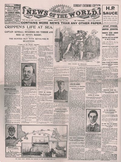 Crippens Life at Sea, pierwsza strona News of the World, 31 lipca 1910. autorstwa Unbekannt