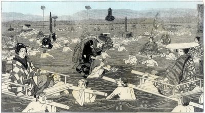 Przekraczanie rzeki Oho-e-ga-wa, w prowincji Suraga, 1856 autorstwa Unbekannt