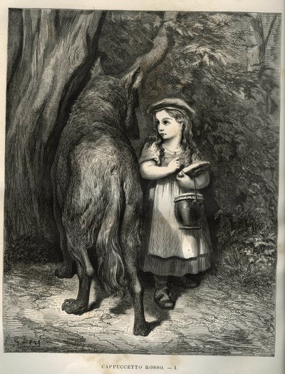 Przechodząc przez las, czerwony kapturek spotyka wilka. Grawer Gustave Dore (1832-1883) z „”Les contes”” Charlesa Perraulta (1628-1703) autorstwa Unbekannt