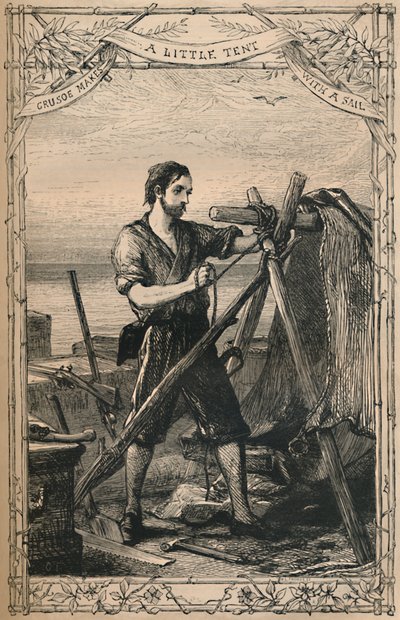 Crusoe robi mały namiot z żaglem, ok. 1870 r. autorstwa Unbekannt