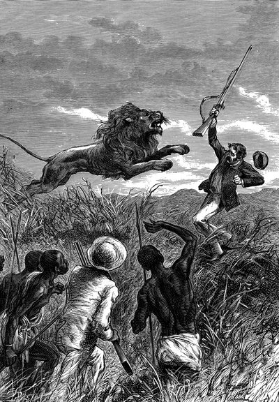 David Livingstone, szkocki misjonarz i afrykański odkrywca, atakowany przez lwa, ok. 1860 r. autorstwa Unbekannt