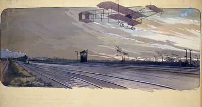 Początek lotnictwa: Louis Paulhan (1884-1963) przelatujący nad torami kolejowymi na pokładzie swojego dwupłatowca podczas 300-kilometrowego wyścigu na prostej linii Londyn-Manchester w dniach 27 i 28 kwietnia 1910 r. autorstwa Unbekannt