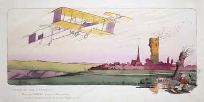 Początek lotnictwa: Maurice Farman (1878-1964) w swoim dwupłatowym samolocie wyposażonym w silnik Renault podczas wyścigu „Voyage de Bac a Chartres”, ok. 1910 autorstwa Unbekannt