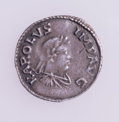 Denier Karola Wielkiego (742-814) awers przedstawiający portret Karola Wielkiego, mennica Quentovic 768-814 (srebro) (odwrotnie patrz: 110164) autorstwa Unbekannt
