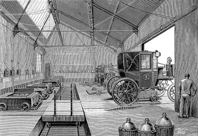 Zajezdnia, w której taksówki z napędem elektrycznym były wyposażone w świeżo naładowane akumulatory, 1899 autorstwa Unbekannt