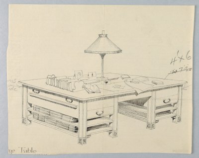 Projekt ogromnego stołu do przechowywania biblioteki z dwiema otwartymi półkami na nosze po obu stronach, 1900-05 autorstwa Unbekannt