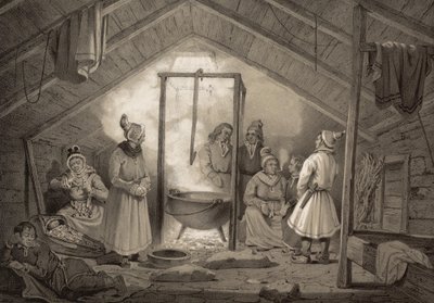 Wnętrze domu wiejskiego w Finnmarku. Ilustracja zaczerpnięta z książki Norway wyprodukowanej w Drawings by Asbjørnsen, P.Chr. i wydane przez Chr. Tønsberga (nr 1848) Ubrana w niedzielę Sami w salonie. „Drewniane chaty (...) występują tylko wyjątkowo, w Söl autorstwa Unbekannt