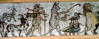 Fragment egipskiego „satyrycznego papirusu” przedstawiający lisa grającego na piszczałkach i prowadzącego kozła oraz kota autorstwa Unbekannt