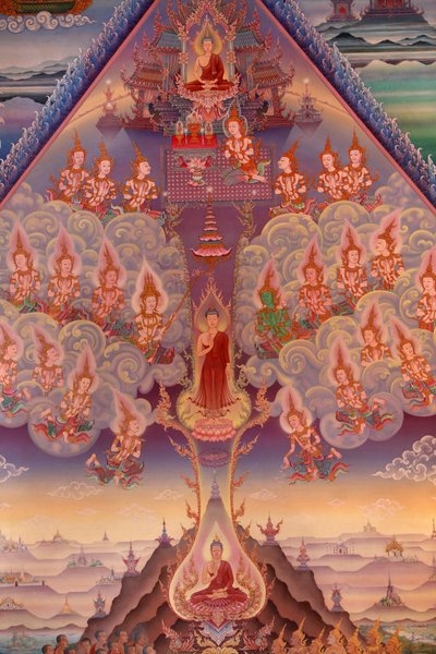 Fragment malowidła ściennego w Uposatha (sala świątynna) świątyni Buddhapadipa, Wimbledon, Wielka Brytania autorstwa Unbekannt