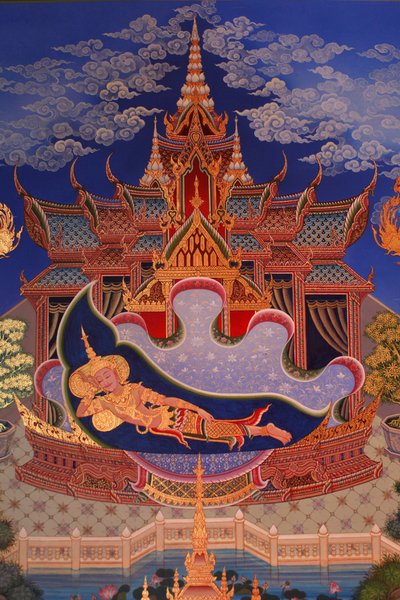 Fragment malowidła ściennego w Uposatha (sala świątynna) świątyni Buddhapadipa, Wimbledon, Wielka Brytania autorstwa Unbekannt