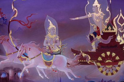 Fragment malowidła ściennego w Uposatha (sala świątynna) świątyni Buddhapadipa, Wimbledon, Wielka Brytania autorstwa Unbekannt