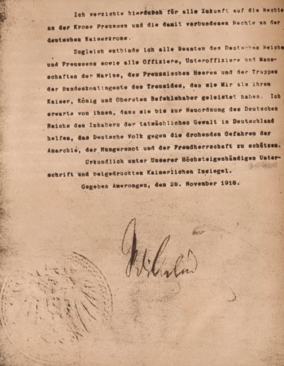 Dokument potwierdzający abdykację cesarza Wilhelma II z Niemiec, 9 listopada 1918 1935. autorstwa Unbekannt