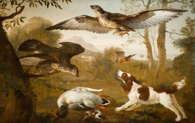 Pies pilnujący martwej kaczki przed ptakami drapieżnymi, 1700-1800. autorstwa Unbekannt