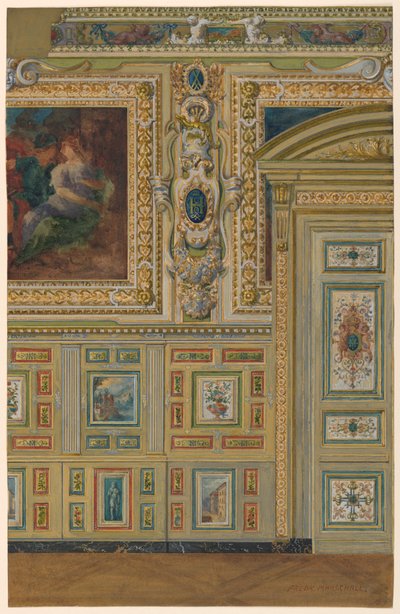 Rysunek, Przekrój ściany przedstawiający grupy malowanych paneli, Komnata owalna, Salon Ludwika XIV, Pałac Fontainebleau, Francja autorstwa Unbekannt