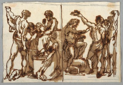 Rysunek, Wyrok Salomona; Obdzieranie ze skóry Marsjasza, ca. 1820 autorstwa Unbekannt