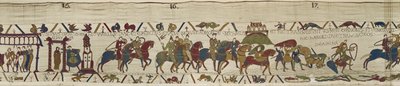 Książę William prowadzi swoją armię do Bretanii, gdzie Harold dzielnie ratuje żołnierzy z ruchomych piasków, Bayeux Tapestry (haft wełniany na płótnie) autorstwa Unbekannt
