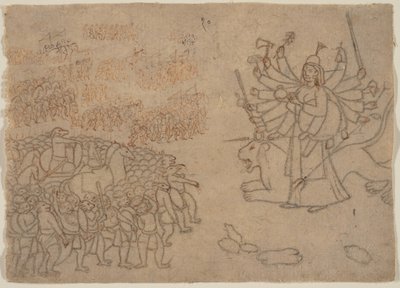 Durga konfrontuje się z armią demona Chikshura: Scena z Devi Mahatmya, ca. 1780. autorstwa Unbekannt
