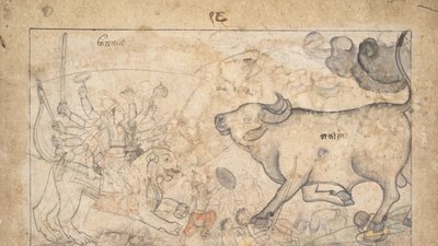 Durga konfrontuje się z Buffalo Demon Mahishą: Scena z Devi Mahatmya, Ka. 1780. autorstwa Unbekannt