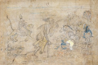 Durga i Kali zbliżają się do zgromadzonych armii Chandy i Mundy..., ca. 1780. autorstwa Unbekannt