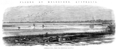 Emerald Hill, z kolei podmiejskiej - powodzie w Melbourne, Australia, 1864 r. autorstwa Unbekannt