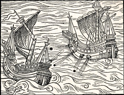 Zaręczyny między dwoma statkami handlowymi u wybrzeży Islandii, 1555 autorstwa Unbekannt