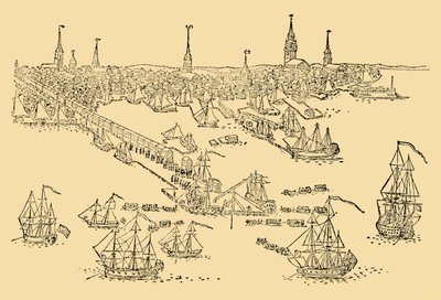 Angielskie statki wojenne w Bostonie, gdzie odbyło się przyjęcie herbaciane w 1768, ok. 1930. autorstwa Unbekannt