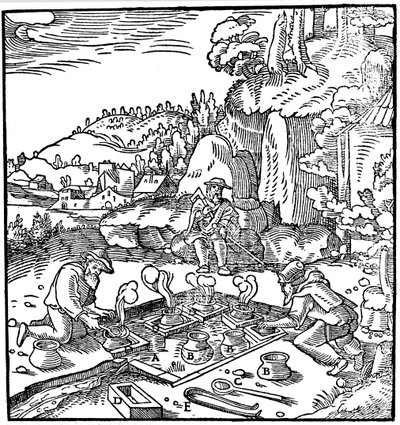 Odparowywanie solanki w naturalnym gorącym źródle w celu uzyskania soli, 1556 autorstwa Unbekannt