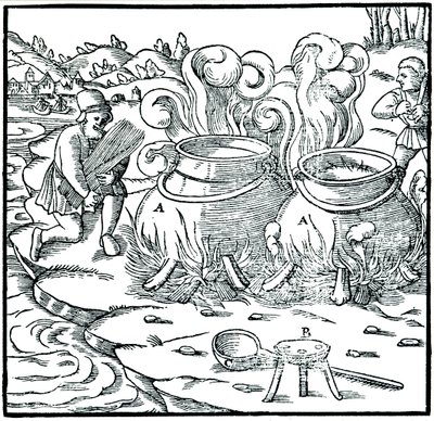 Odparowywanie wody morskiej w żelaznych garnkach w celu uzyskania soli, 1556 autorstwa Unbekannt