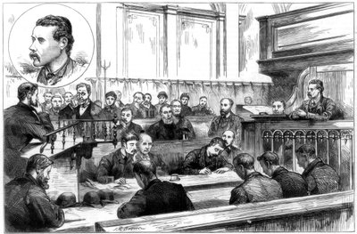 Badanie Johna F. Egana na sądzie policyjnym w Birmingham, działka z dynamitem, 1884 autorstwa Unbekannt
