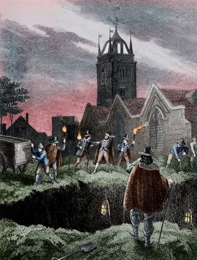 Wypełnianie zbiorowego grobu nocą podczas zarazy londyńskiej, ok. 1665 autorstwa Unbekannt