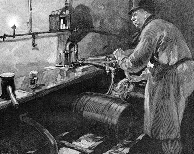 Napełnianie beczek piwa w amerykańskim browarze, 1885 autorstwa Unbekannt