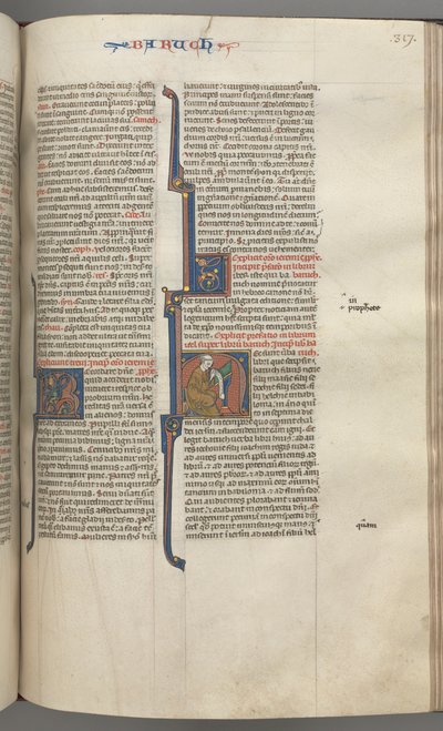Fol. 317r, Baruch, inicjał historyczny H, Baruch siedzący przy biurku piszący na zwoju, ok. 317r. 1275-1300. autorstwa Unbekannt