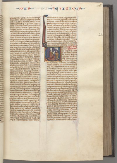 Fol. 36r, Księga Kapłańska, inicjał historyczny V, Mojżesz ofiarowujący baranka ofiarnego na ołtarzu, c. 1275-1 autorstwa Unbekannt