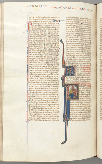 Fol. 435v, Rzymianie, inicjał historyczny P, Paweł siedzący z mieczem rozmawiający z popiersiem Boga..., c. autorstwa Unbekannt