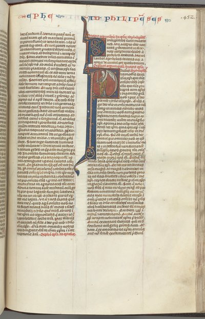 Fol. 452r, Filipian, inicjał historyczny P, Paweł stojący z mieczem i zwojem, rozmawiający z t autorstwa Unbekannt