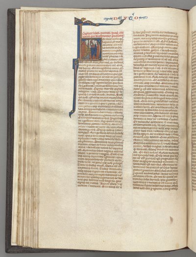 Fol. 62v, Księga Powtórzonego Prawa, inicjał historyczny H, Mojżesz z rogami i głoszenie zwoju..., c. 1275-1300 autorstwa Unbekannt
